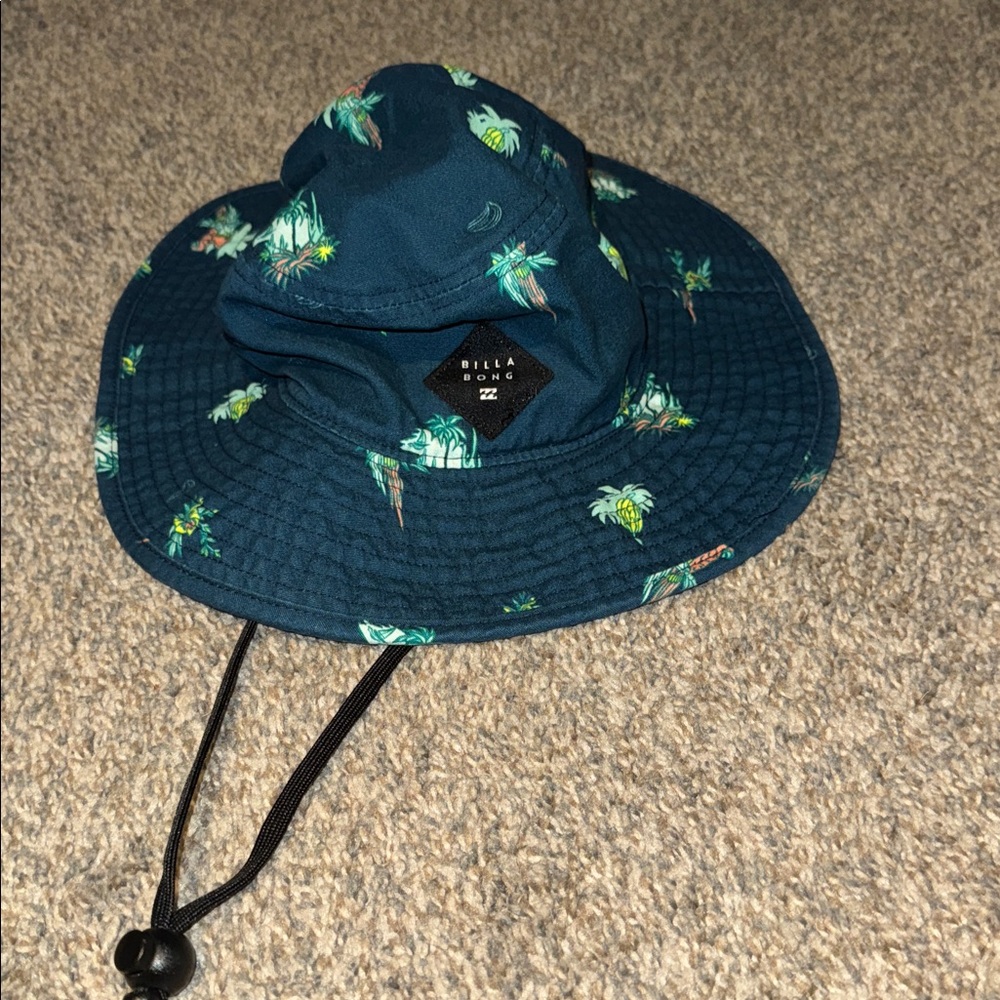 Billabong Big John Print Surf Hat Blue 100% Cotton Adjustable Chin Strap Safari